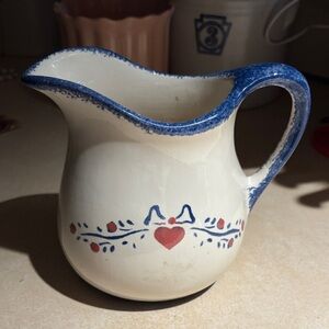 Bybee vintageBlue and White spongeware Ceramic Pitcher with Heart Motif